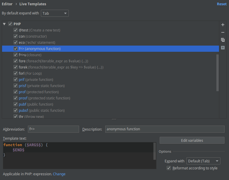 phpstorm live templates